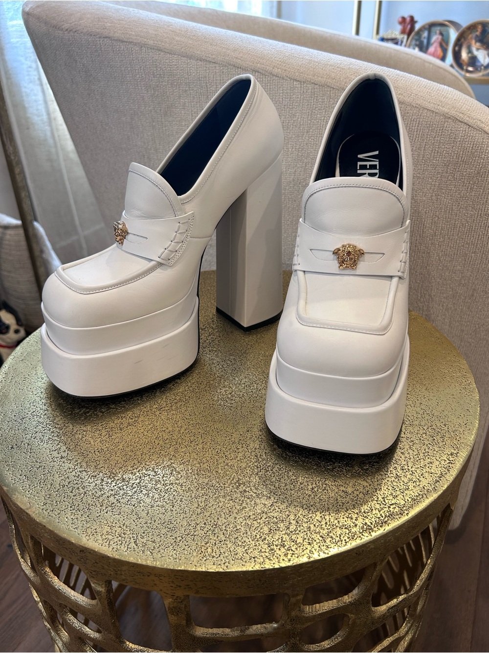 Versace Medusa Aevitas leather platform wedge loafer shoes with box and dustbag